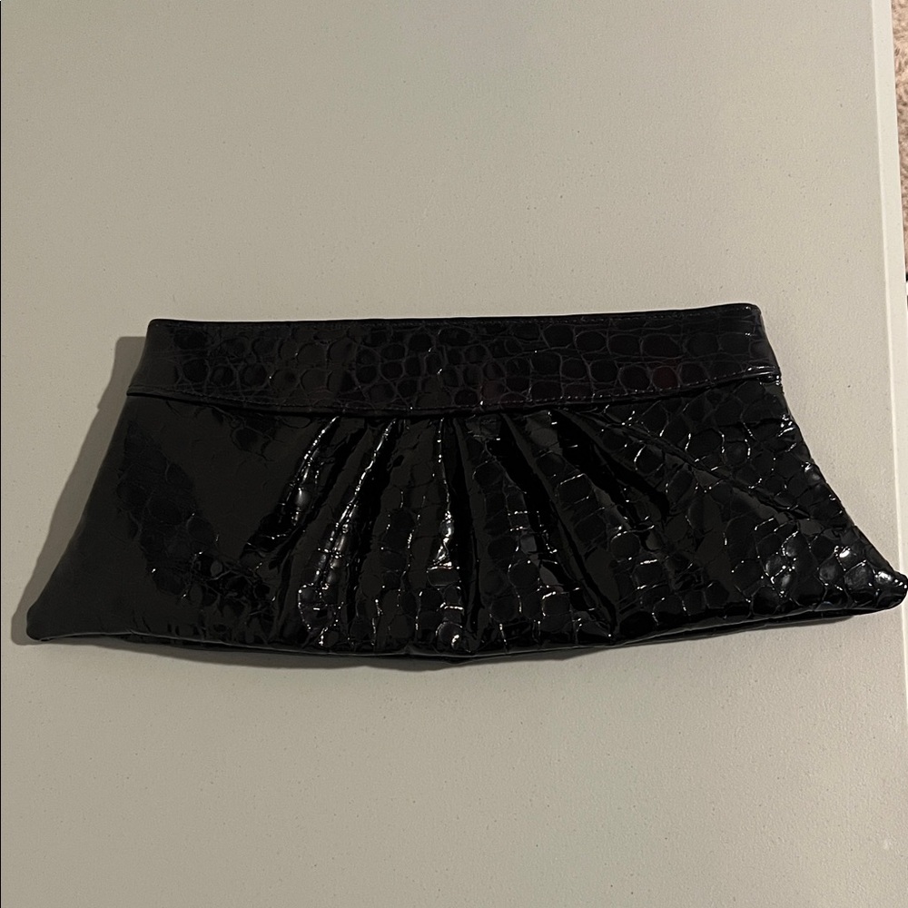 Lauren Merkin Black Croc-Embossed Patent Leather Clutch Evening Bag